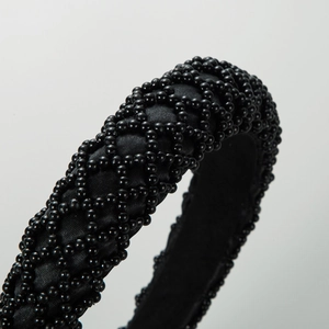 Elegant baroque black beaded headband with handcrafted pearl sponge wide-brim design