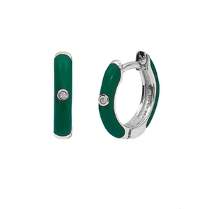 Detail of silver-colored brass hoop earrings with green enamel and a small diamond