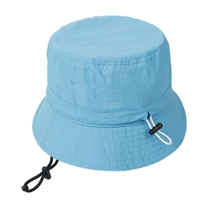 Detail of light blue bucket hat with adjustable white drawstring and black windproof cord