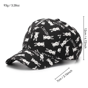 Black women's baseball cap with white rabbit print and embroidered text design