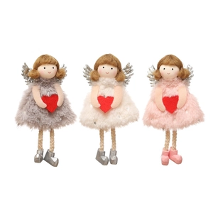 Plush Christmas angel ornaments set with silver wings and red hearts for tree decor