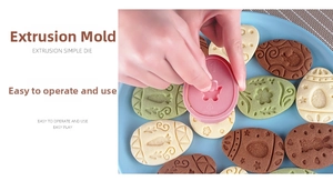Detail view of 3D Easter egg cookie cutters with hands pressing pink molds on dough