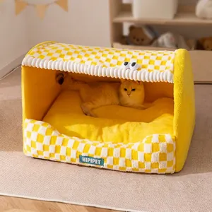Yellow checkered semi-enclosed cat bed with soft cushion and cute doll eye design