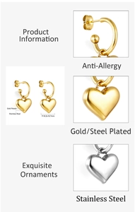 Detail view of heart-shaped stainless steel earrings showing dimensions and hypoallergenic metal