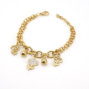 Elegant gold stainless steel bracelet with rose pendants and sparkling rhinestones