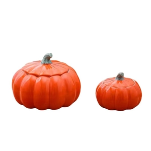 Set di due barattoli da tè in ceramica a forma di zucca arancione su sfondo bianco