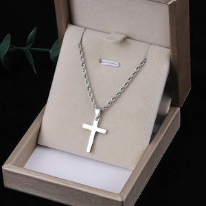Silver stainless steel cross pendant necklace with twist chain in a premium jewelry gift box