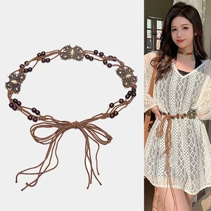 Bohemian braided brown waist chain with wooden beads and bronze butterfly charms