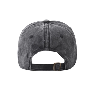 Detail view of washed charcoal cotton baseball cap with adjustable metal buckle back