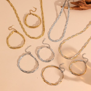 Three-piece braided snake chain necklace and bracelet sets in gold, silver and mixed tones