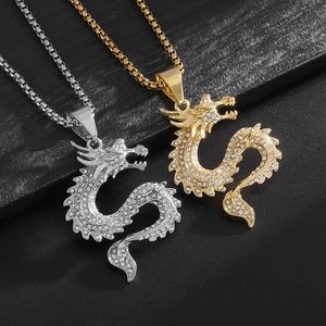 Drachen Anhänger Halskette Hip Hop Edelstahl Strass Tier Schmuck Für Männer Vergoldet Punk Stil