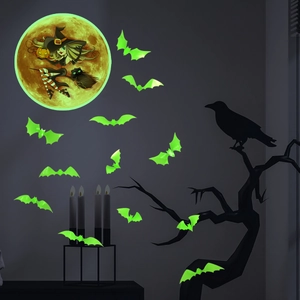 Luminous Halloween wall stickers featuring glowing green witch moon and bats in the dark