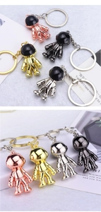 Detail of metal astronaut keychains in rose gold, bright gold, silver and gun black