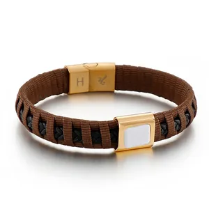 Men Woven Leather Bracelet Stainless Steel Magnetic Buckle Retro Geometric Casual Hand Accessory For Boys