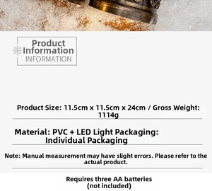 Detailed specifications of vintage LED Christmas lantern with size and battery info