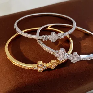 Lucky Clover Flower Bangle For Women Luxury Copper Bracelet With Paved Zircon Elegant Adjustable Cuff Jewelry