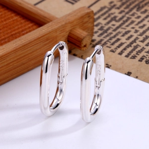 Minimalist S925 sterling silver U-shaped hoop earrings with polished oval hollow design