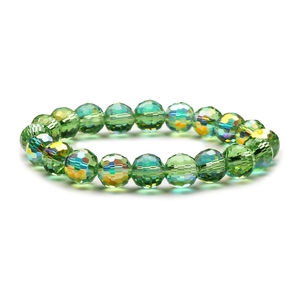 Sparkling green 10mm faceted crystal bead bracelet with iridescent AB coating and rainbow shine