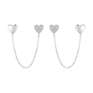 S925 sterling silver heart drop chain earrings with sparkling zircon pave stones
