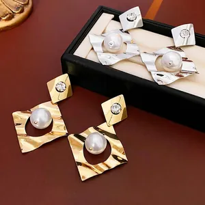 Rhombic wave earrings with sterling silver needles, zircon, and artificial pearls