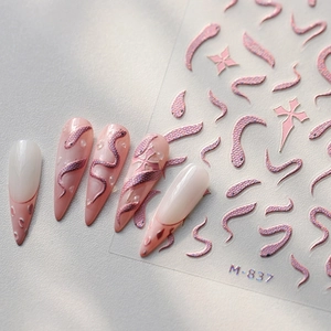 3D holographic snake and star nail stickers M-837 on long pointed manicure
