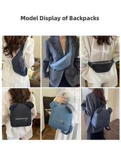 Collage of model wearing denim backpacks and chest bags in blue and black colors