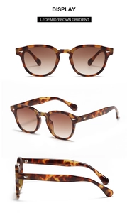 Vue détaillée des lunettes de soleil rondes léopard avec verres dégradés marron