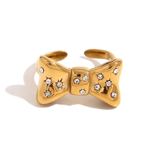 18K gold plated stainless steel open ring featuring a micro-pave bow with clear crystals