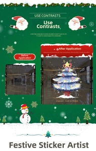 Detail of blue Christmas tree window sticker with Merry Christmas text for glass decor