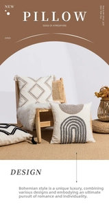 Detail of bohemian bouclé embroidered pillow case with geometric patterns and tassels