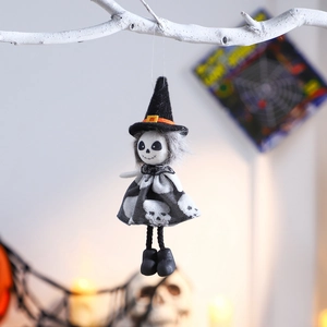 Halloween skeleton witch doll hanging ornament with black dress and orange hat detail