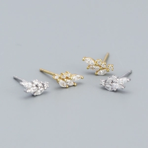 925 Sterling Silver Stud Earrings With Zircon Flower Leaf Cluster Marquise Round Cut Elegant Minimalist Jewelry For Women