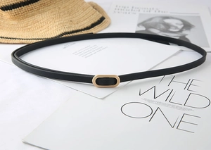 Detail of slim black leather belt with gold oval buckle placed on a fashion magazine