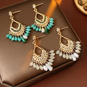 Bohemian Tassel Drop Earrings Alloy Rhinestone Glass Beads Ethnic Style Jewelry With Silver Earring Post For Women