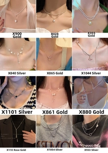 Detailed grid of baroque pearl necklaces and heart pendants worn by models