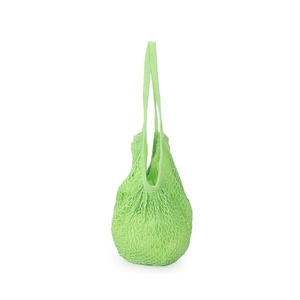 Detail of light green woven mesh tote bag with soft texture and durable long handles