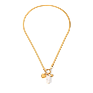 Elegant gold flat snake chain necklace with heart, star charms and baroque pearl detail
