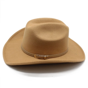 Classic camel wool felt western cowboy hat with wide brim and leather decorative band