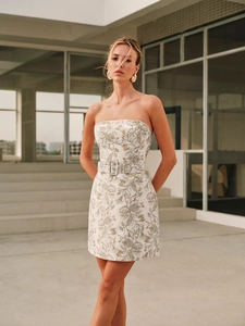 Strapless floral mini dress in gold embroidery with matching waist belt for women