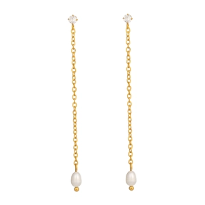 Minimalist gold chain tassel earrings with freshwater pearls and faceted gems on white