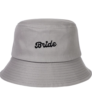 Grey cotton twill bucket hat with black Bride embroidery for wedding party fashion