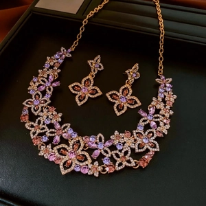 Luxury Floral Necklace And Earrings Jewelry Alloy Purple Rhinestone Crystal With Silver Earring Post For Women Elegant