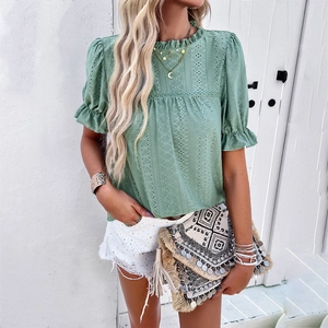 Summer green hollow-out embroidered short sleeve shirt with puff sleeves and ruffle collar