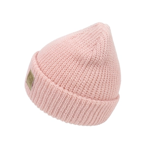 Close-up of pink knitted baby hat featuring rib-knit texture and leather smiley face patch