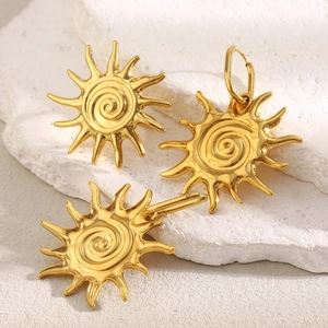 Elegant 18K gold plated stainless steel sunburst earrings with spiral center on stone