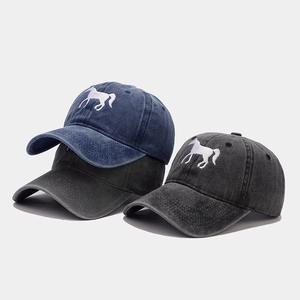 Washed Cotton Baseball Cap Horse Embroidery Retro Distressed Adjustable Sun Protection Outdoor Sports Hat For Men Women