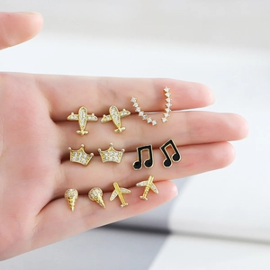 Tiny Novelty Stud Earrings Gold Plated Copper With Zircon Crown Airplane Ice Cream Musical Note Cute Small Jewelry