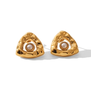 Gold hammered triangle stud earrings with pearl centers in a minimalist modern design