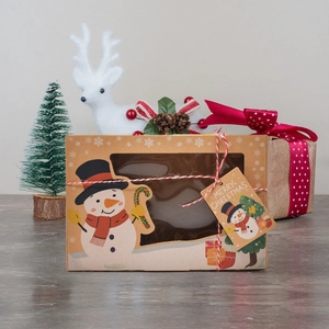 Christmas kraft paper gift box with snowman print and festive window design for cookies