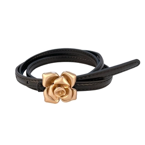 Elegant thin black leather belt for women featuring a 3D golden rose metal buckle